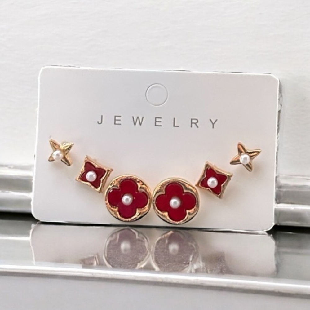 5/$25 Set of 3 Pair Red & Gold Stud Earrings